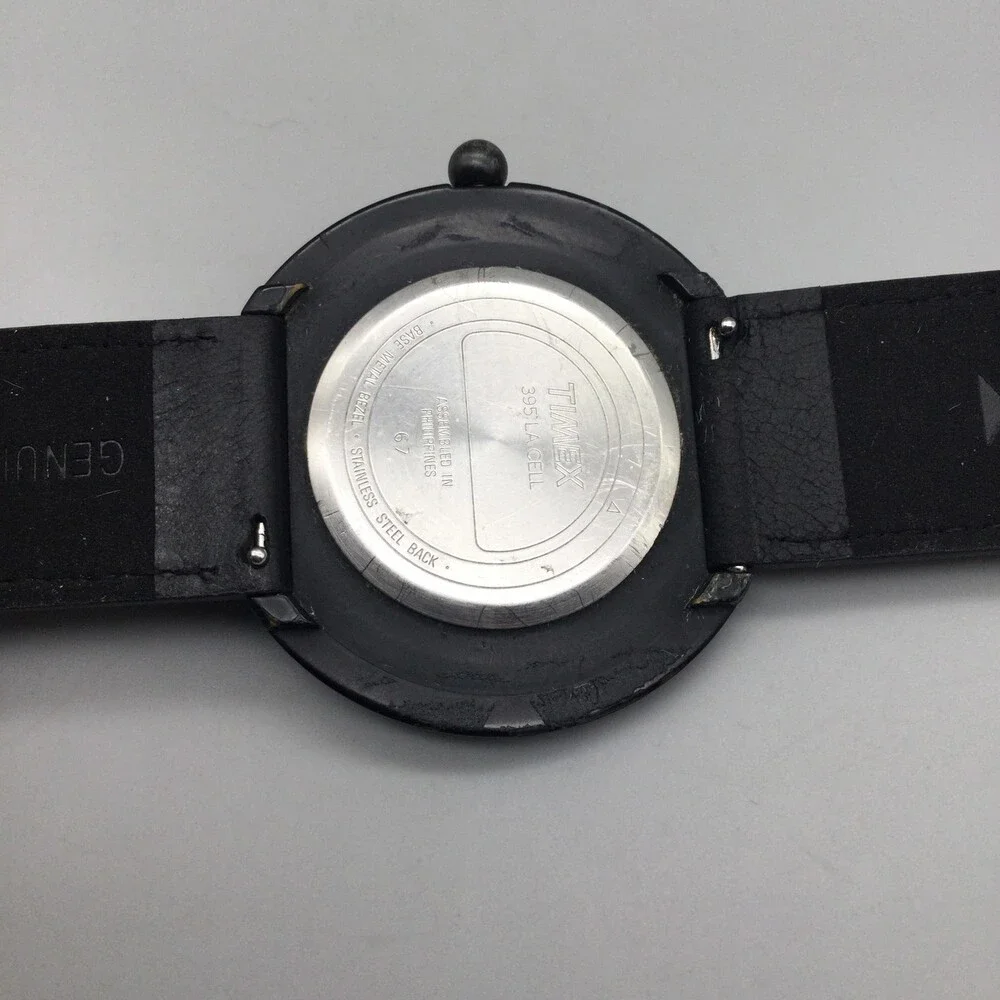 Timex Mens Watch 44mm Black Dial Black Leather Strap Neon Hands New Battery